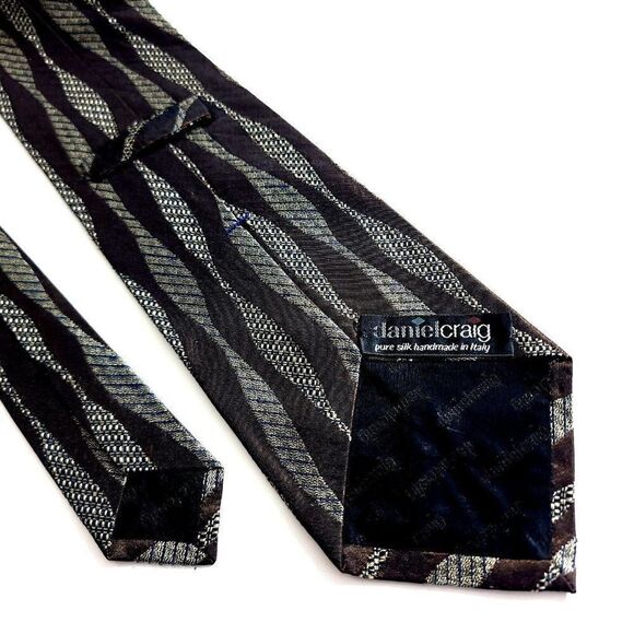 Daniel Craig Brown Gray Metallic Woven Abstract Wide Silk Tie Italy - Picture 4 of 5